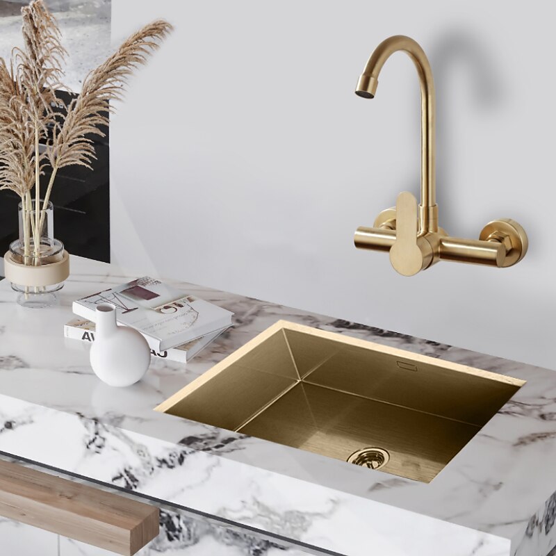 Kitchen faucet - Single Handle Two Holes Brushed Gold Tall /High Arc Wall Mounted Contemporary Kitchen Taps3