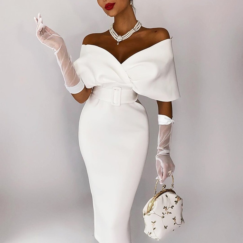 Beach Wedding Sheath Cocktail Dresses Elegant Dress Wedding Guest Party Wear Tea Length Sleeveless Off Shoulder Stretch Fabric with Sash / Ribbon Masquerade Dress