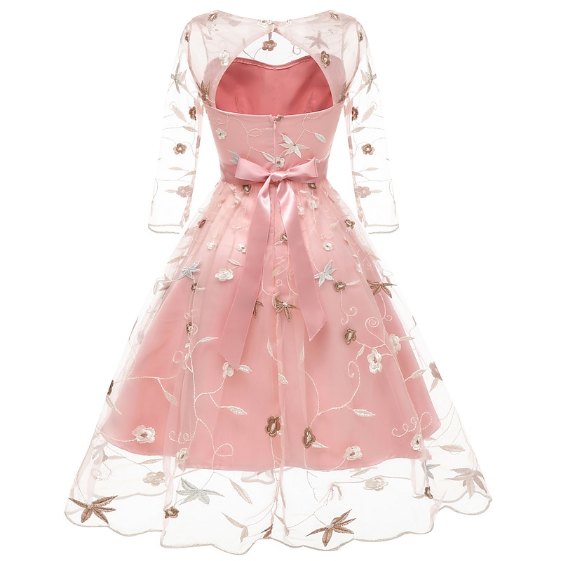 A-Line Cocktail Dresses Beach Wedding Floral Dress Wedding Guest Homecoming Dress Knee Length Half Sleeve Jewel Neck Tulle with Embroidery Appliques  dress to impress3