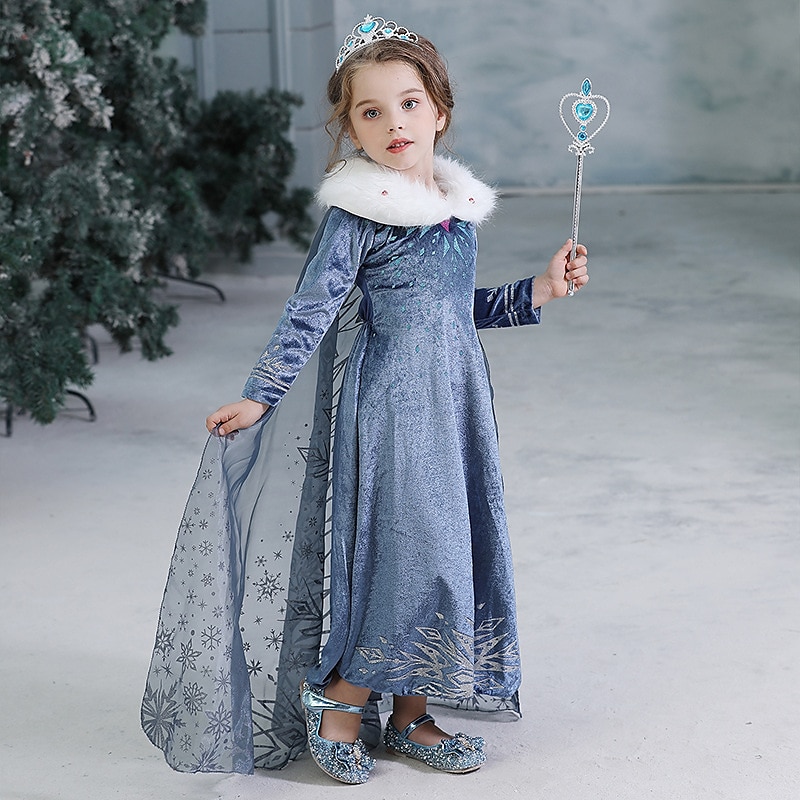 Kids Girls' Dress Snowflake Long Sleeve Performance Party Sweet Cotton Midi A Line Dress Fall Winter 3-10 Years Navy Blue4
