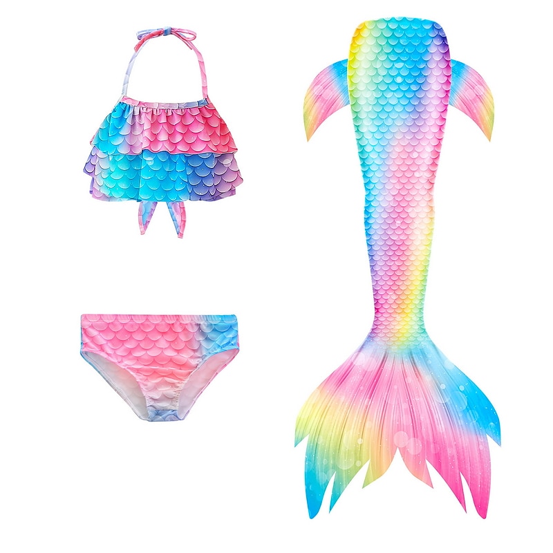 Kids Girls' Three Piece Mermaid Swimwear Swimwear Beach Swimming Color Block Rainbow Active Print Bathing Suits 3-10 Years Summer Pink Dusty Rose