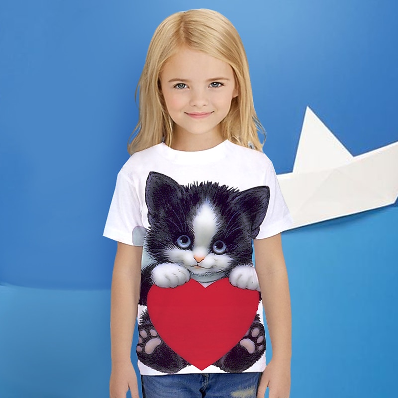 Girls' 3D Animal Cat T shirt Tee Short Sleeve 3D Print Cute Basic Polyester Kids
