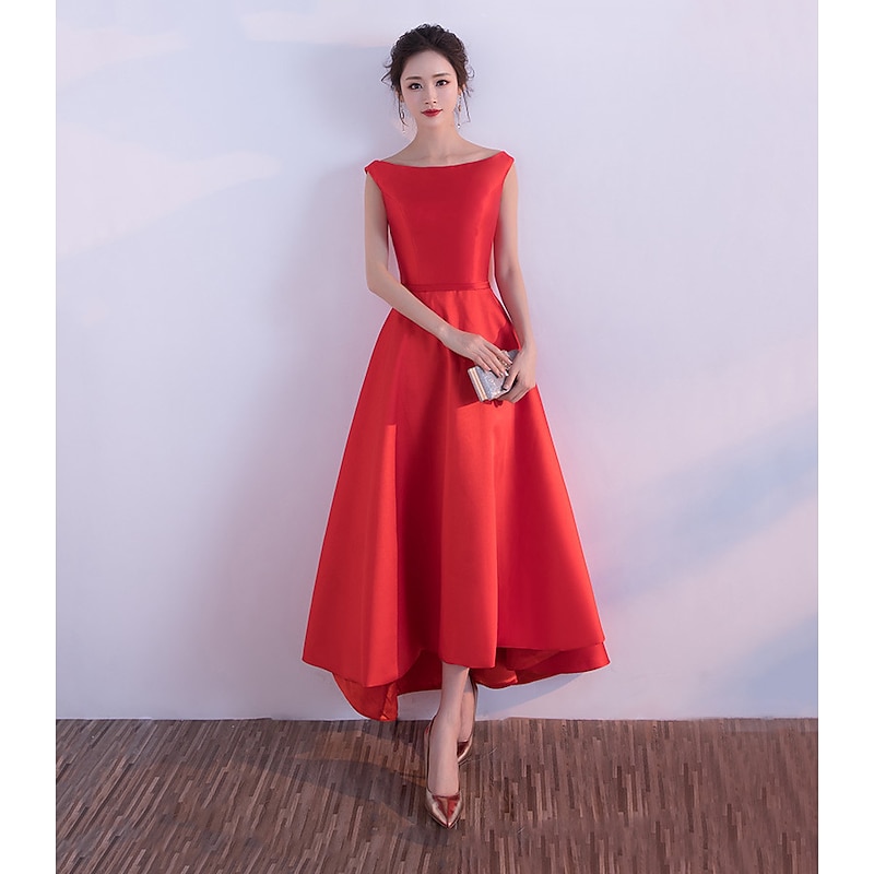 A-Line Evening Gown Dress Wedding Guest Party Wear Asymmetrical Sleeveless Jewel Neck Satin with Sleek  dress to impress3