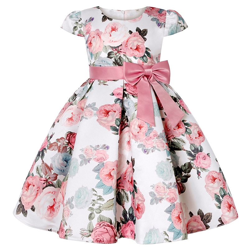 Kids Girls' Dress Flower Dress Flower Short Sleeve Anniversary Party Tie Knot Bow Adorable Princess Sweet Polyester Knee-length Skater Dress Pleat Dress Floral Dress Summer Spring 4-13 Years2