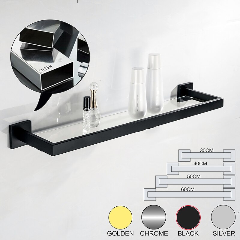 Bathroom Shelves Bathroom Tempered Glass Shelf, Sainless Steel Shower Wall Shelves No Drilling Towel Racks Rectangular 1 Tier Wall Mounted Mirror Front Shelf