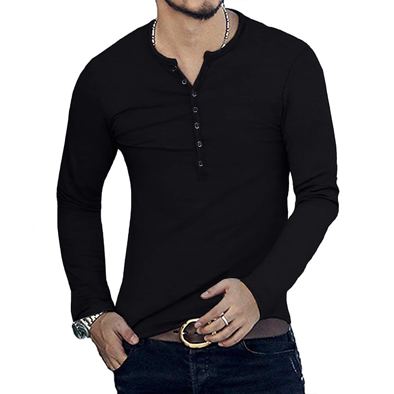 Men's Button T Shirt T Shirt Long Sleeve Shirt Long Sleeve Stand Collar Spring &  Fall Plain Lightweight Classic Casual Button-Down Vacation Casual Holiday Wine Black White Top Tee for Men2