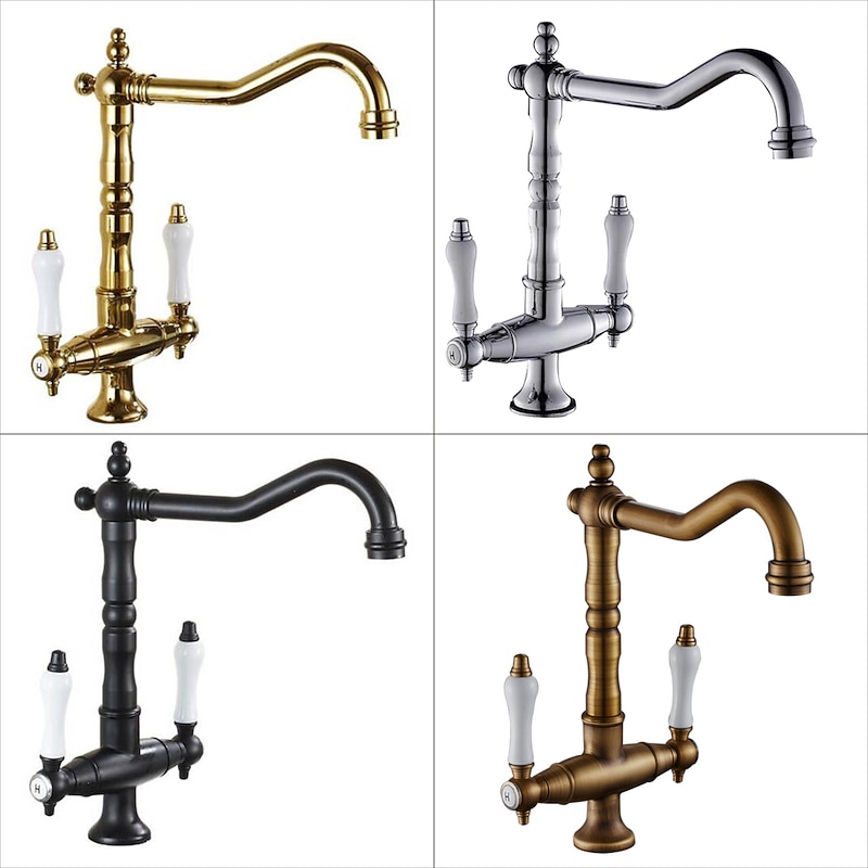 Traditional Kitchen Sink Mixer Faucet, Retro Style Vessel Kitchen Taps Dual Handles One Hole Rotatable Chrome/Brass/Nickel Brushed Standard Spout3