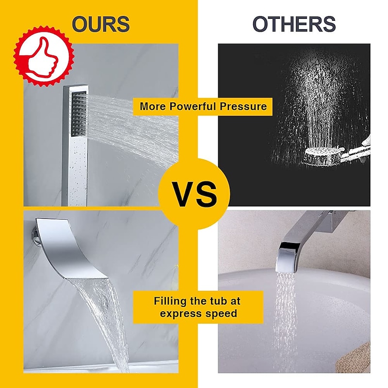 Waterfall Tub Faucet with Handheld Shower Chrome High Flow Waterfall Wall Mounted Bathtub Faucet Waterfall Spout Tub Filler Solid Brass with Black Finished2