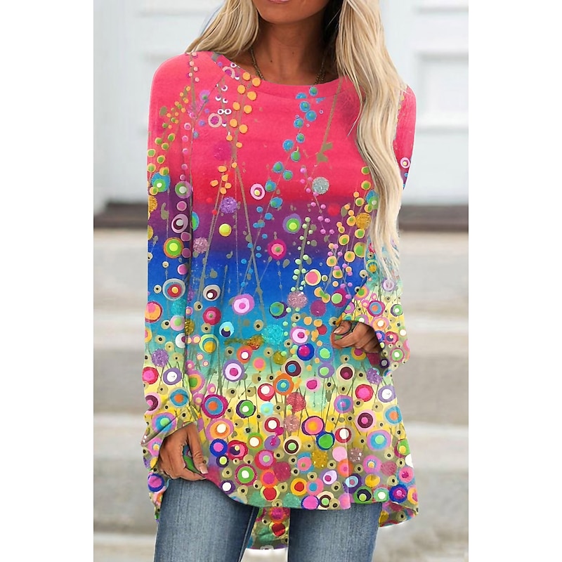 Women's Plus Size T Shirt Tunic Shirts Floral Graphic 3D Tunic Basic Neon & Bright Long Sleeve Round Neck Long Tops Daily Weekend Print Pink Blue Purple Fall & Winter