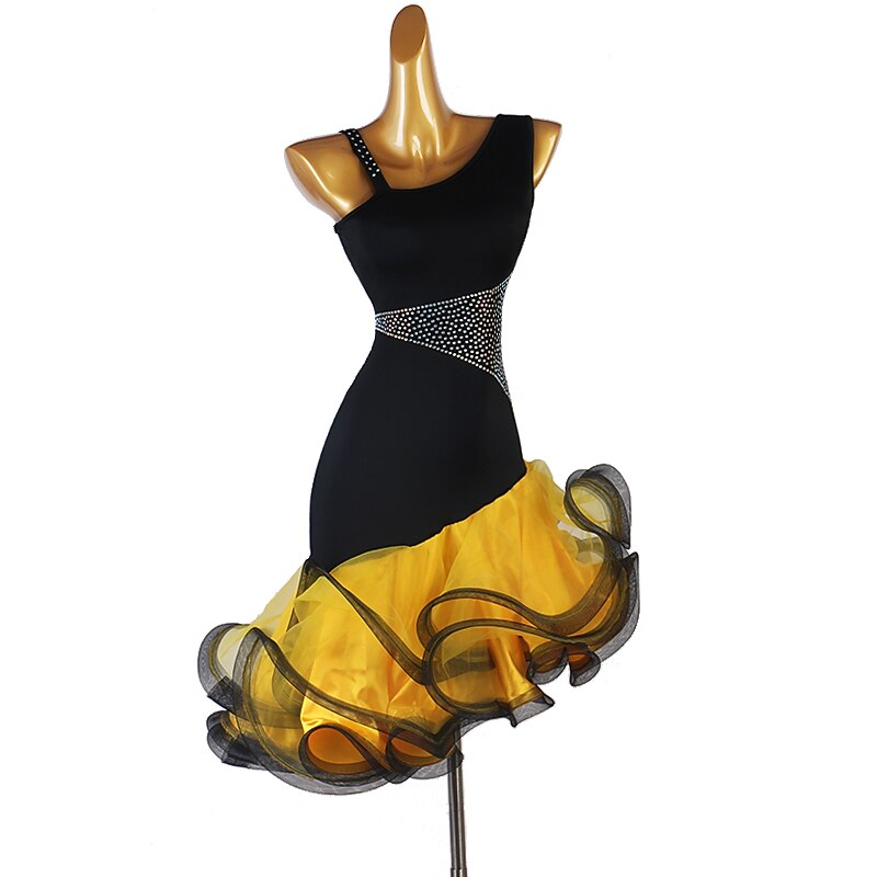 Dance Salsa Latin Dance Dress Crystals / Rhinestones Women's Training Sleeveless High Spandex Organza2