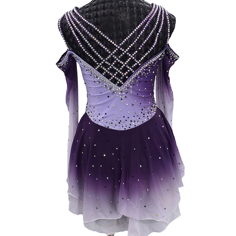 Figure Skating Dress Women's Girls' Ice Skating Dress Outfits Grey Back Cross Mesh Spandex High Elasticity Training Competition Skating Wear Handmade Crystal / Rhinestone Gradient Color Long Sleeve2