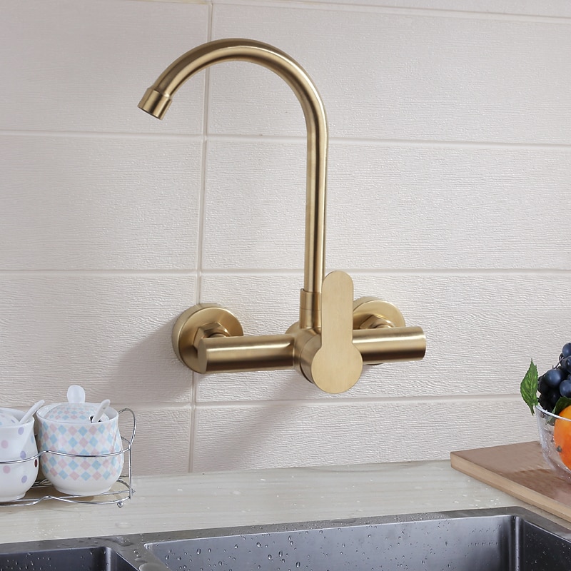 Kitchen faucet - Single Handle Two Holes Brushed Gold Tall /High Arc Wall Mounted Contemporary Kitchen Taps4