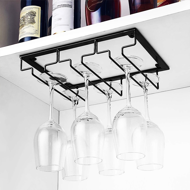 Wine Glass Rack Under Cabinet Stemware Holder Metal Wine Glass Organizer Glasses Storage Hanger for Bar Kitchen Home Black Gold White 3 Rows