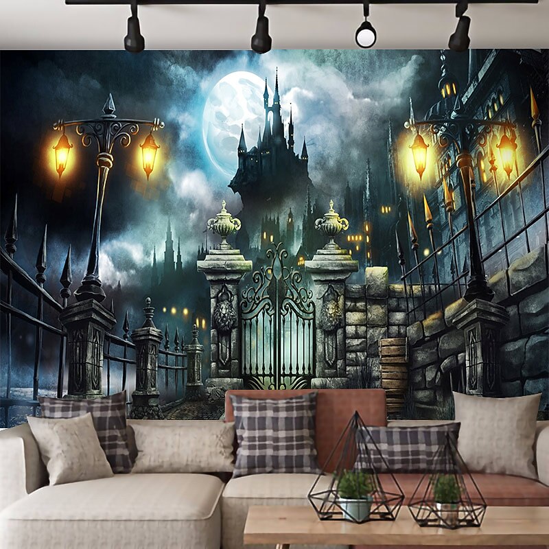 Wall Tapestry Art Decor Blanket Curtain Hanging Home Bedroom Living Room Decoration Psychedelic Haunted Scary Pumpkin Skull Skeleton Bat Castle Grim Reaper Polyester  Decorations4