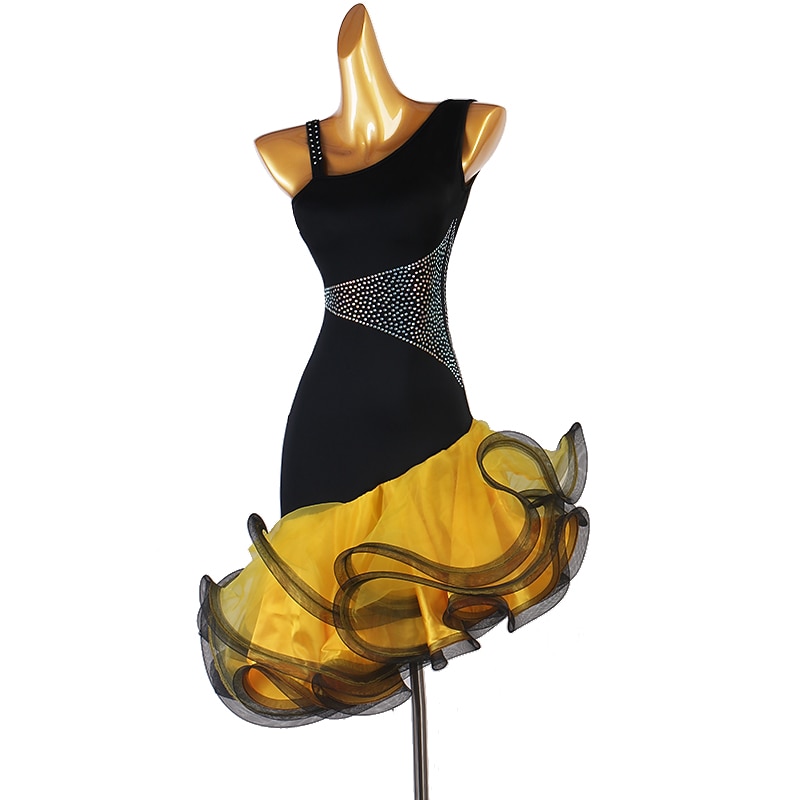 Dance Salsa Latin Dance Dress Crystals / Rhinestones Women's Training Sleeveless High Spandex Organza3