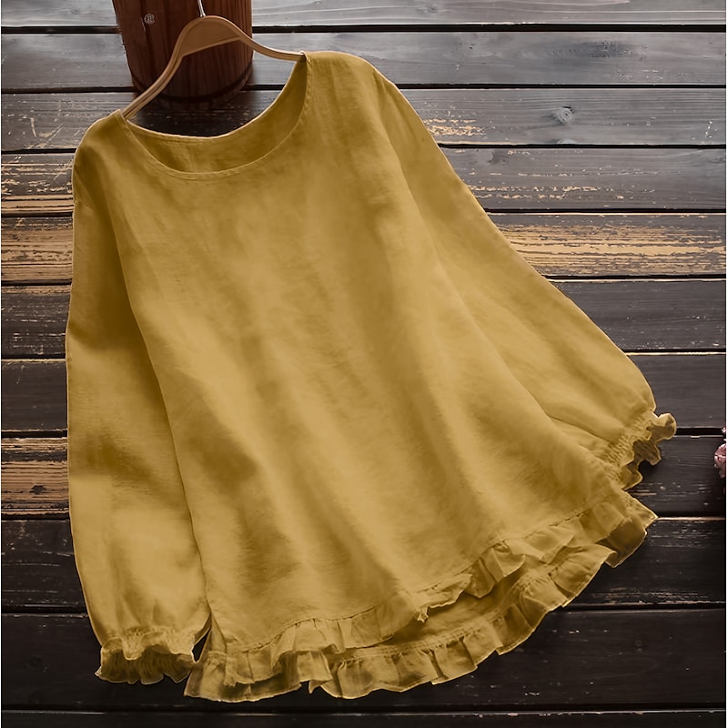 Women's Plus Size Linen-Inspired Shirts Blouse Plain Basic Casual Comfortable Long Sleeve Crew Neck Crewneck Long Tops Daily Weekend Ruffle Lettuce Trim Black White Yellow Pink Army Green Spring Fall