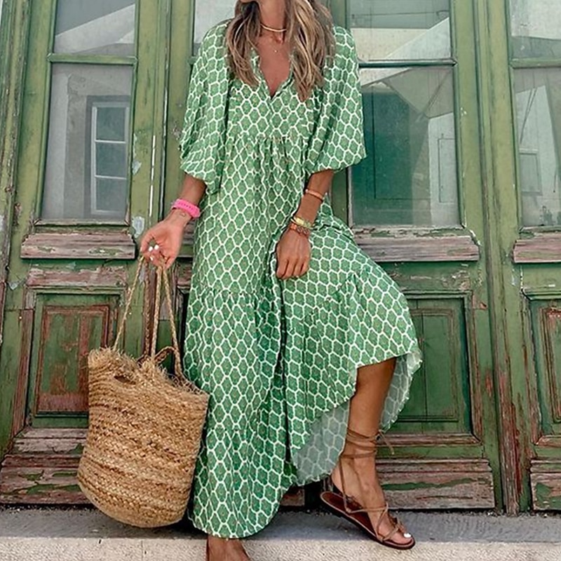 Women's Long Dress Boho Chic Dress Green 3/4 Length Sleeve Geometric Patchwork Fall Autumn V Neck2