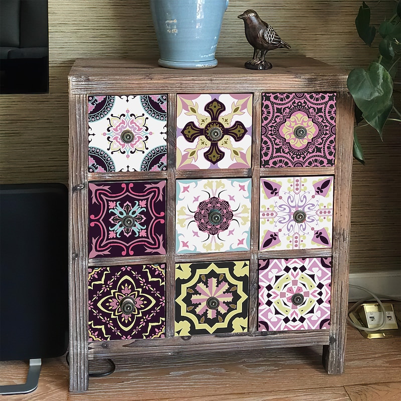 24pcs Creative Kitchen Bathroom Living Room Self-adhesive Wall Stickers Waterproof Mediterranean Fuchsia Tile Stickers2