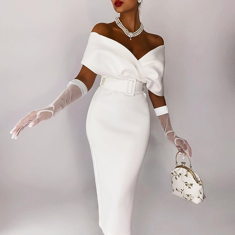 Beach Wedding Sheath Cocktail Dresses Elegant Dress Wedding Guest Party Wear Tea Length Sleeveless Off Shoulder Stretch Fabric with Sash / Ribbon Masquerade Dress2