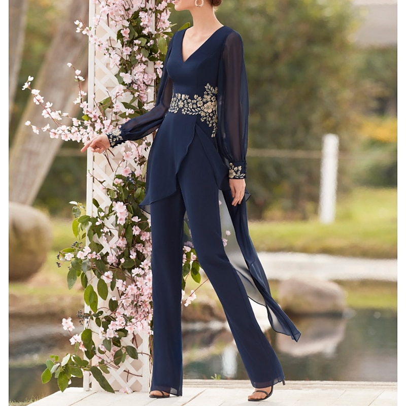 Jumpsuit Mother of the Bride  Formal Wedding Guest Elegant V Neck Floor Length Chiffon Lace Long Sleeve with Appliques