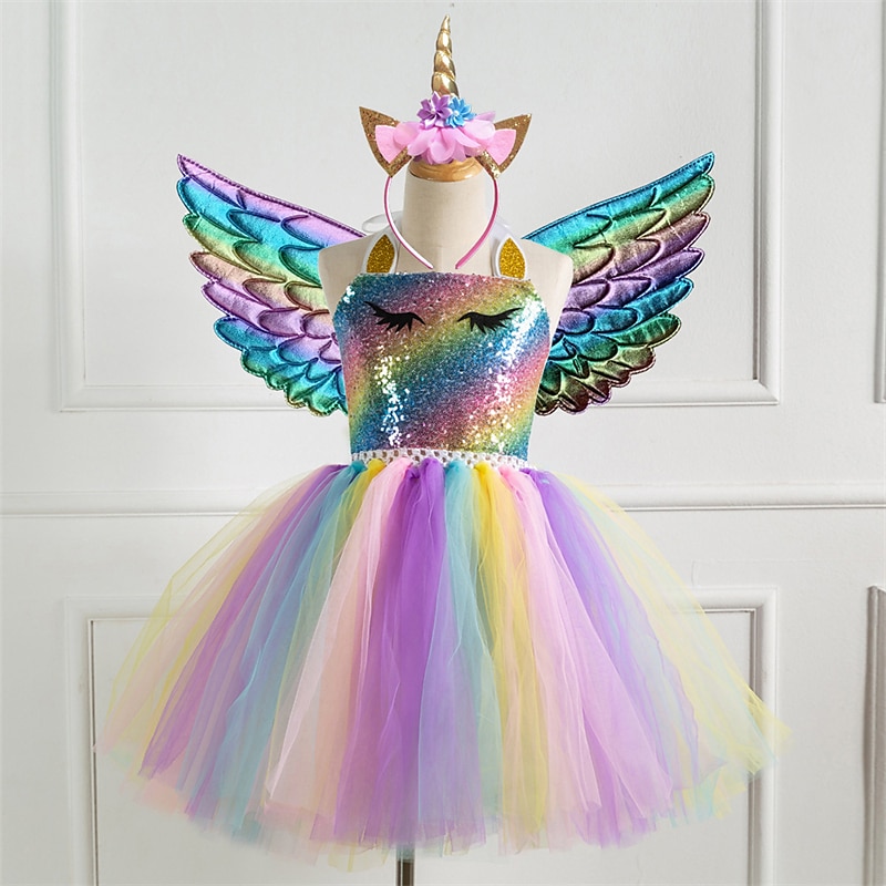 Kids Girls' Dress Rainbow Colorful Party Tutu Dresses Photography Sequins Halter Cute Princess Tulle 2-8 Years Silver Purple Gold
