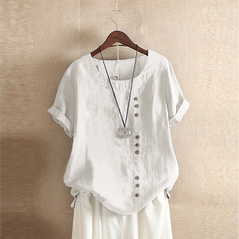 Women's 100% Cotton Shirt Patchwork Casual Daily Weekend Solid Casual Linen Like Short Sleeve Crew Neck Round Neck White Summer Spring4