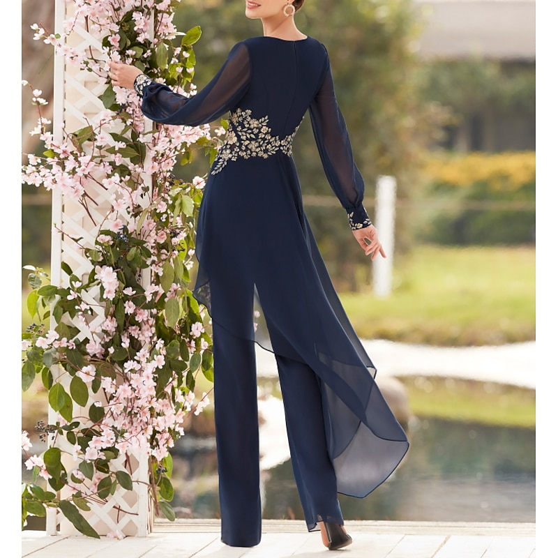Jumpsuit Mother of the Bride  Formal Wedding Guest Elegant V Neck Floor Length Chiffon Lace Long Sleeve with Appliques2