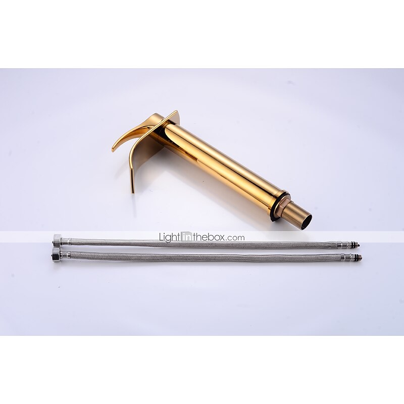 Bathroom Faucet Set,Retro Style Brass Waterfall Golden Centerset Tall Waterfall Single Handle One Hole Bath Taps with Hot and Cold Water Switch and Pop-up Drain3