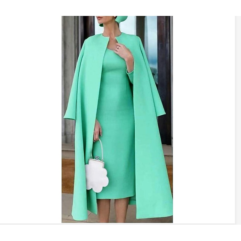 Two Piece Sheath Mother of the Bride Dress Wedding Guest Church Elegant Jewel Neck Knee Length Stretch Fabric Half Sleeve Jacket Dresses with Solid Color Race Day Dress