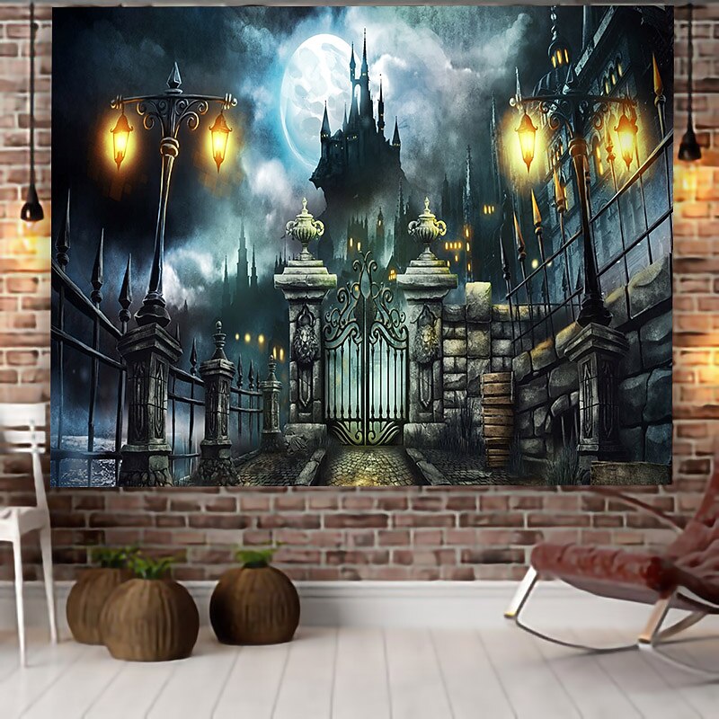 Wall Tapestry Art Decor Blanket Curtain Hanging Home Bedroom Living Room Decoration Psychedelic Haunted Scary Pumpkin Skull Skeleton Bat Castle Grim Reaper Polyester  Decorations