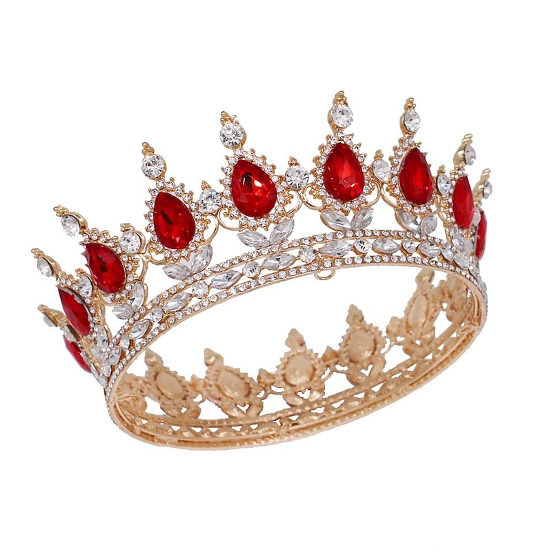 Crown Headdress Bride Golden Red Diamond Crystal Round Crown Full Crown Birthday Performance Accessories Hair Accessories
