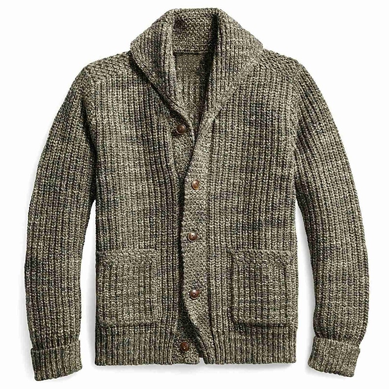 Male Cardigan Sweater Cardigan Sweater Jacket Chunky Knit Regular Solid / Plain Color Shawl Collar Daily Wear Clothing Apparel Fall & Winter Military Green M L XL