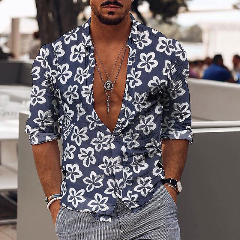 Men's Floral Tropical Flowers Shirt Summer Hawaiian Shirt Aloha Shirt Long Sleeve Shirt Collar Fashion Designer Casual Outdoor Vacation Street Blue S M L