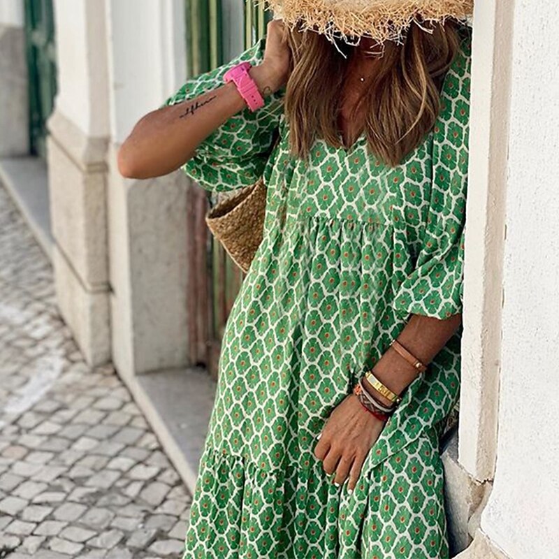 Women's Long Dress Boho Chic Dress Green 3/4 Length Sleeve Geometric Patchwork Fall Autumn V Neck3