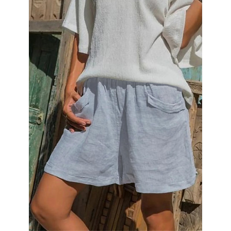 Women's Normal Cotton Linen Shorts Linen-Inspired Pants Cotton Linen Pants Casual / Sporty Short Mid Waist Plain Pocket Elastic Waist Breathable Soft Inelastic Weekend White Yellow Gray Summer Spring