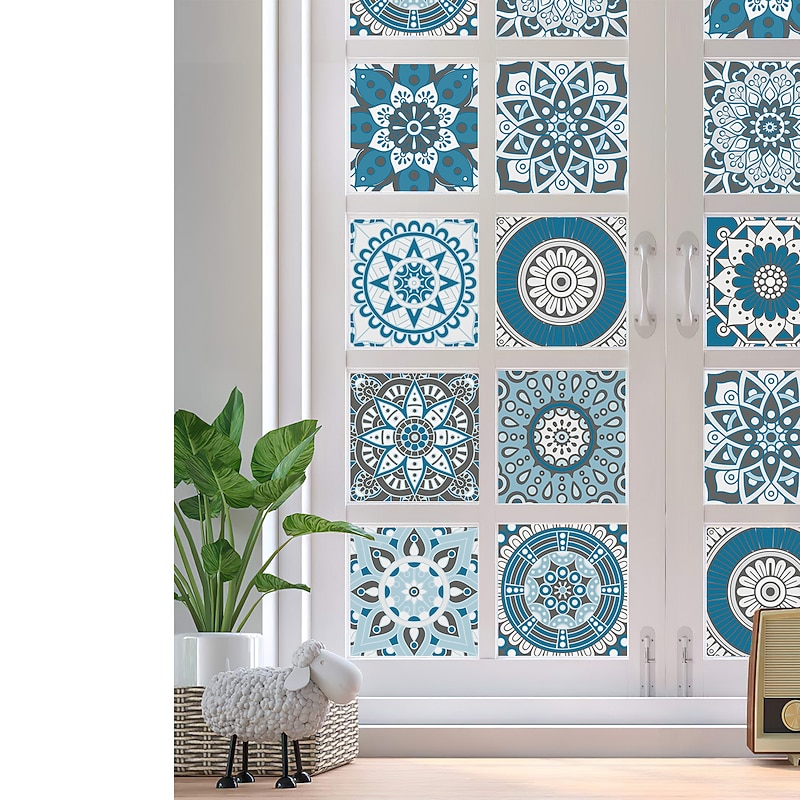 24pcs Creative Kitchen Bathroom Living Room Self-adhesive Wall Stickers Waterproof Fashion Blue Mandala Tile Stickers4
