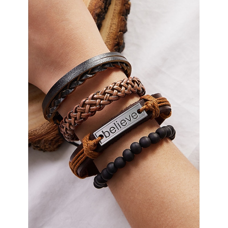 4PCS Leather Bracelet Set Braided Birthday Statement Elegant Fashion Holiday Leather Bracelet Jewelry Brown For Anniversary Gift Date Birthday Festival2