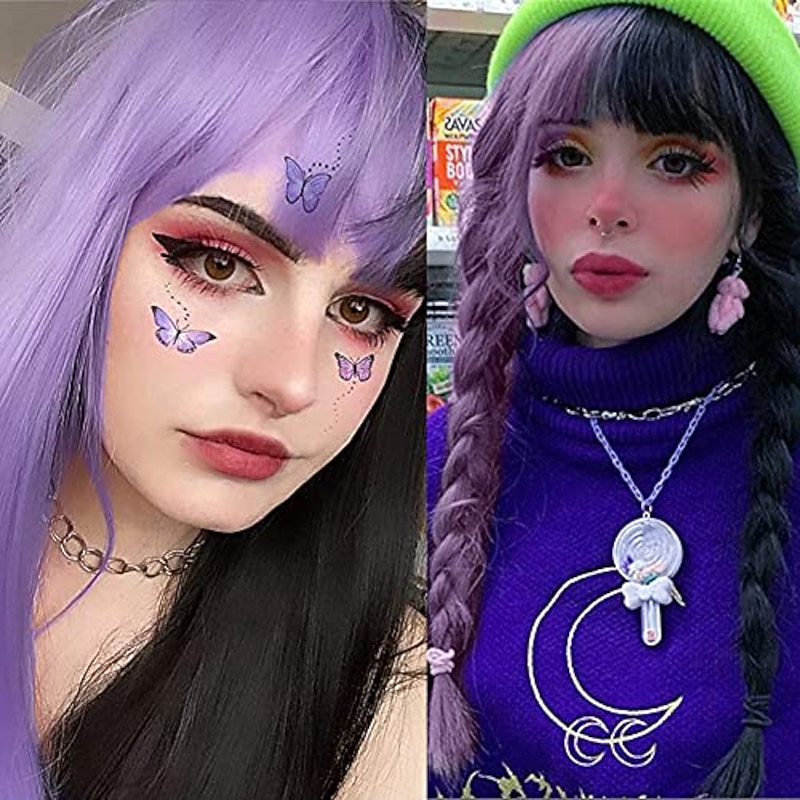 Half Purple Half Black Long Straight Lolita Wig Cosplay Bangs Hair Natural Synthetic Wig for Women Girl (Half Purple Half Black) Halloween Wigs2