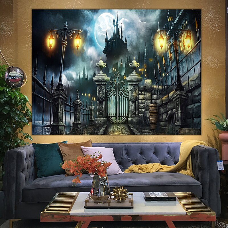 Wall Tapestry Art Decor Blanket Curtain Hanging Home Bedroom Living Room Decoration Psychedelic Haunted Scary Pumpkin Skull Skeleton Bat Castle Grim Reaper Polyester  Decorations2