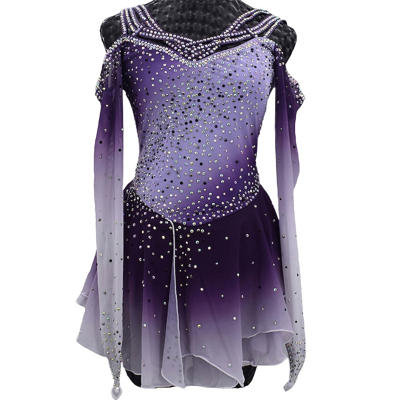 Figure Skating Dress Women's Girls' Ice Skating Dress Outfits Grey Back Cross Mesh Spandex High Elasticity Training Competition Skating Wear Handmade Crystal / Rhinestone Gradient Color Long Sleeve
