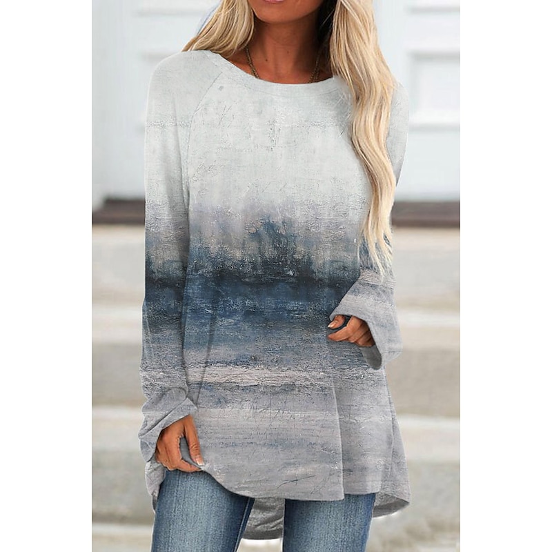 Women's Plus Size T Shirt Tunic Shirts Graphic Vintage Tunic Basic Long Sleeve Round Neck Long Tops Daily Weekend Print Brown Gray Fall & Winter
