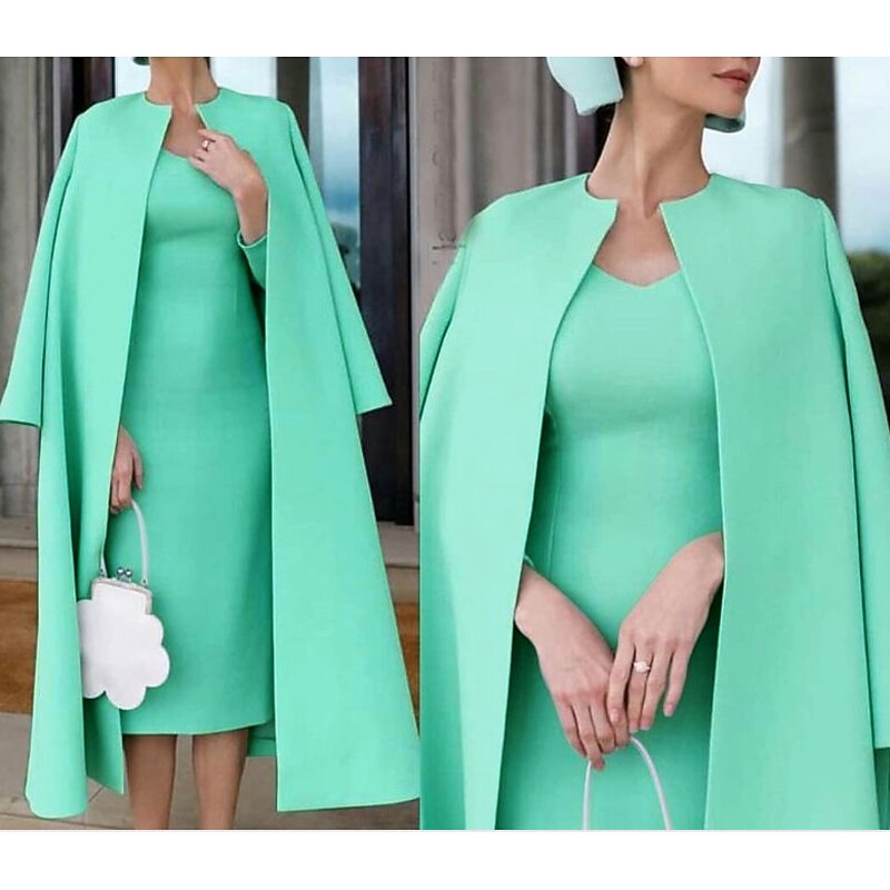 Two Piece Sheath Mother of the Bride Dress Wedding Guest Church Elegant Jewel Neck Knee Length Stretch Fabric Half Sleeve Jacket Dresses with Solid Color Race Day Dress2