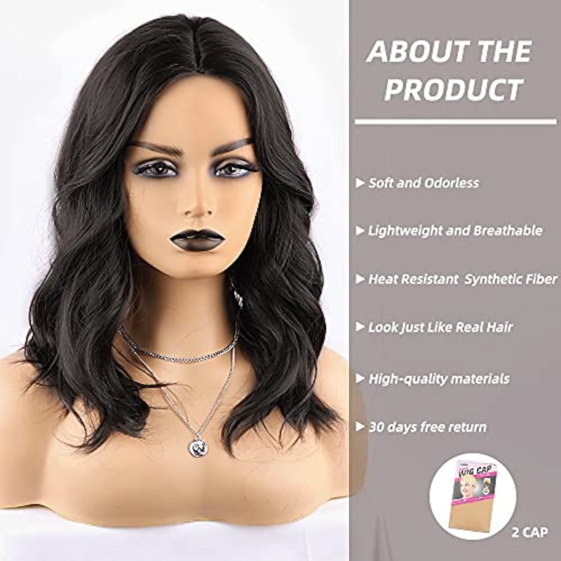 Brown Wigs for Women Short Wavy Wig Shoulder Length Black Wig Short Wavy Black Wig Middle Part Wigs Synthetic for Daily Party Use (16 Inch Black)3