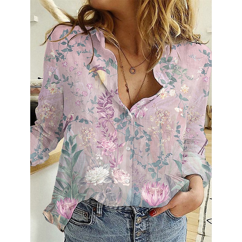 Women's Shirt Button Down Tunic Shirt Collar Long Sleeve Hawaiian Graphic Floral Print Daily Weekend Tropical Vintage Regular Floral Holiday Clothes Black Pink2