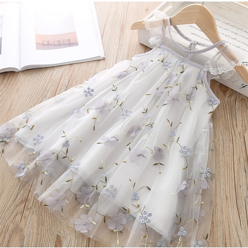 Kids Girls' Dress Flower Sleeveless School Daily Mesh Embroidered Elegant Sweet Cotton Summer Spring Fall 3-10 Years Pink Grey2
