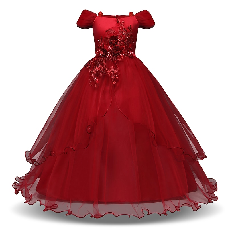 Kids Girls' Dress Floral Short Sleeve Daily Vacation Embroidered Puff Sleeve Cute Princess Sweet Lace Tulle Maxi Tulle Dress Summer Fall Winter 1-4 Years Pink Red Dark Blue