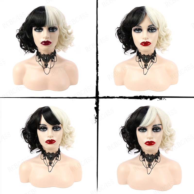 Gothic Wig Rebcass Synthetic Wig Cosplay Cruella Loose Curl Bouncy Curl Bob with Neat Bang Wig Black / Gold Synthetic Hair for Women Heat Resistant Free Cap 14inch Halloween Wigs3