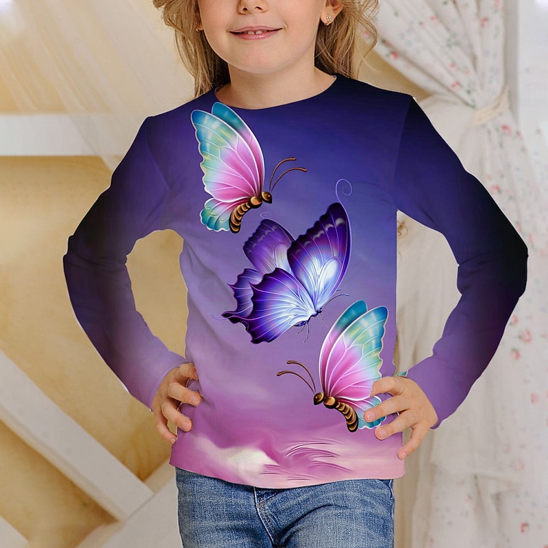 Girls' 3D Butterfly T shirt Long Sleeve 3D Print Fall Active Kids 4-12 Years Regular Fit