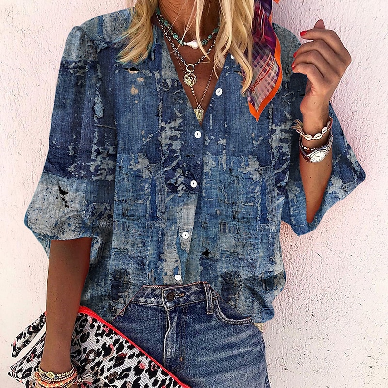 Women's Shirt Blouse White Navy Blue Rainbow Graphic Floral Print Long Sleeve Casual Daily Vintage Tropical Shirt Collar Regular Floral S3