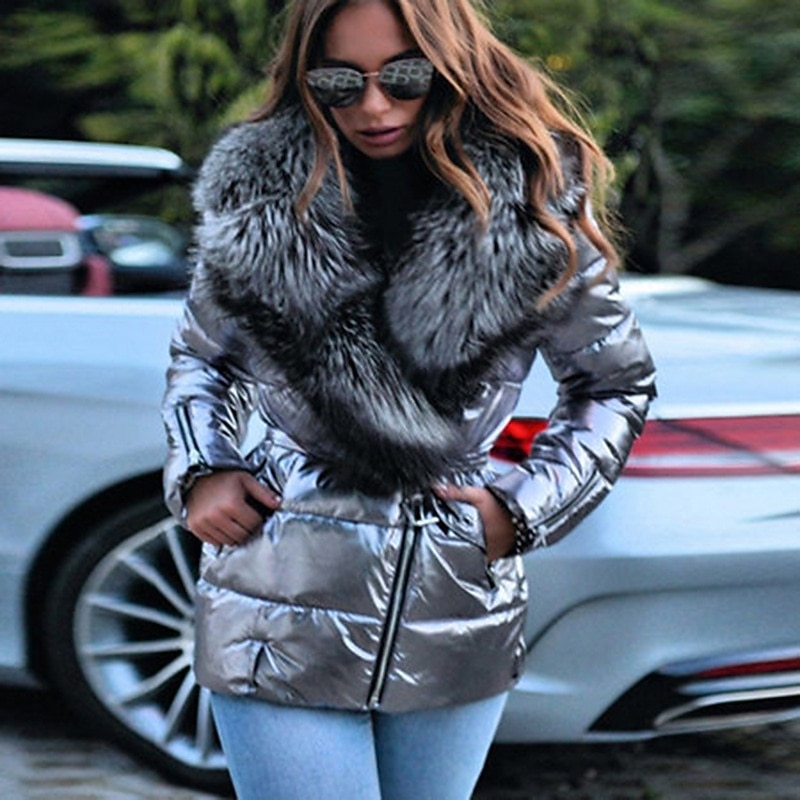 Women's Winter Jacket Puffer Jacket Casual Daily Winter Regular Coat Turtleneck Loose Fit Warm Casual Jacket Long Sleeve Solid Colored Fur Trim Silver Gray Black2